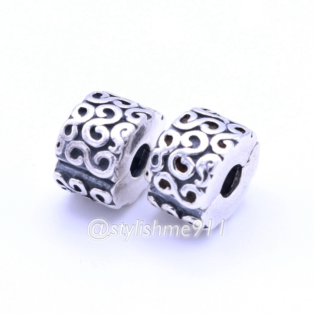 Two Authentic PANDORA Silver Swirls Clips Charms - 790338